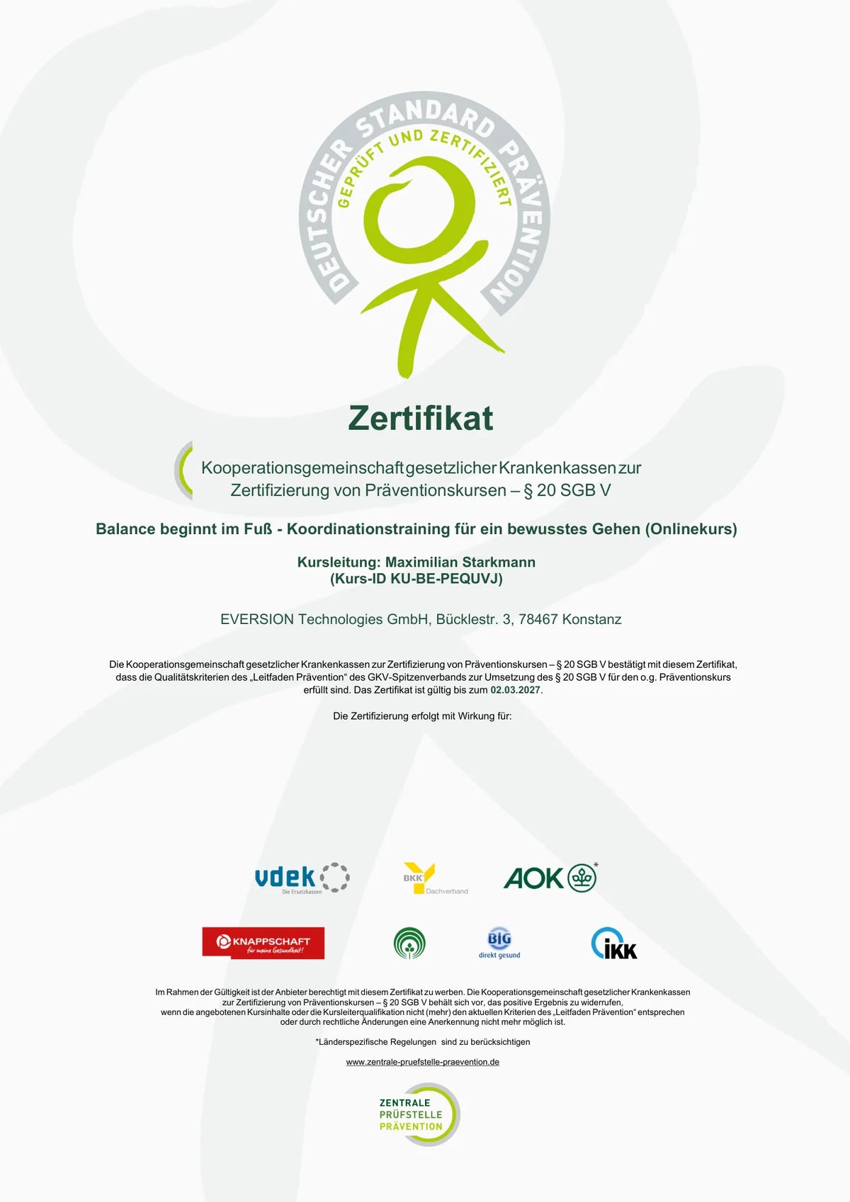Zertifikat zur Anerkennung des EVERSION-Präventionskurses nach § 20 SGB V